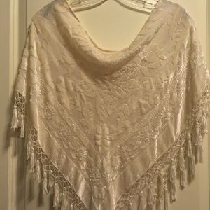 Beige silk shawl with bugle bead accents